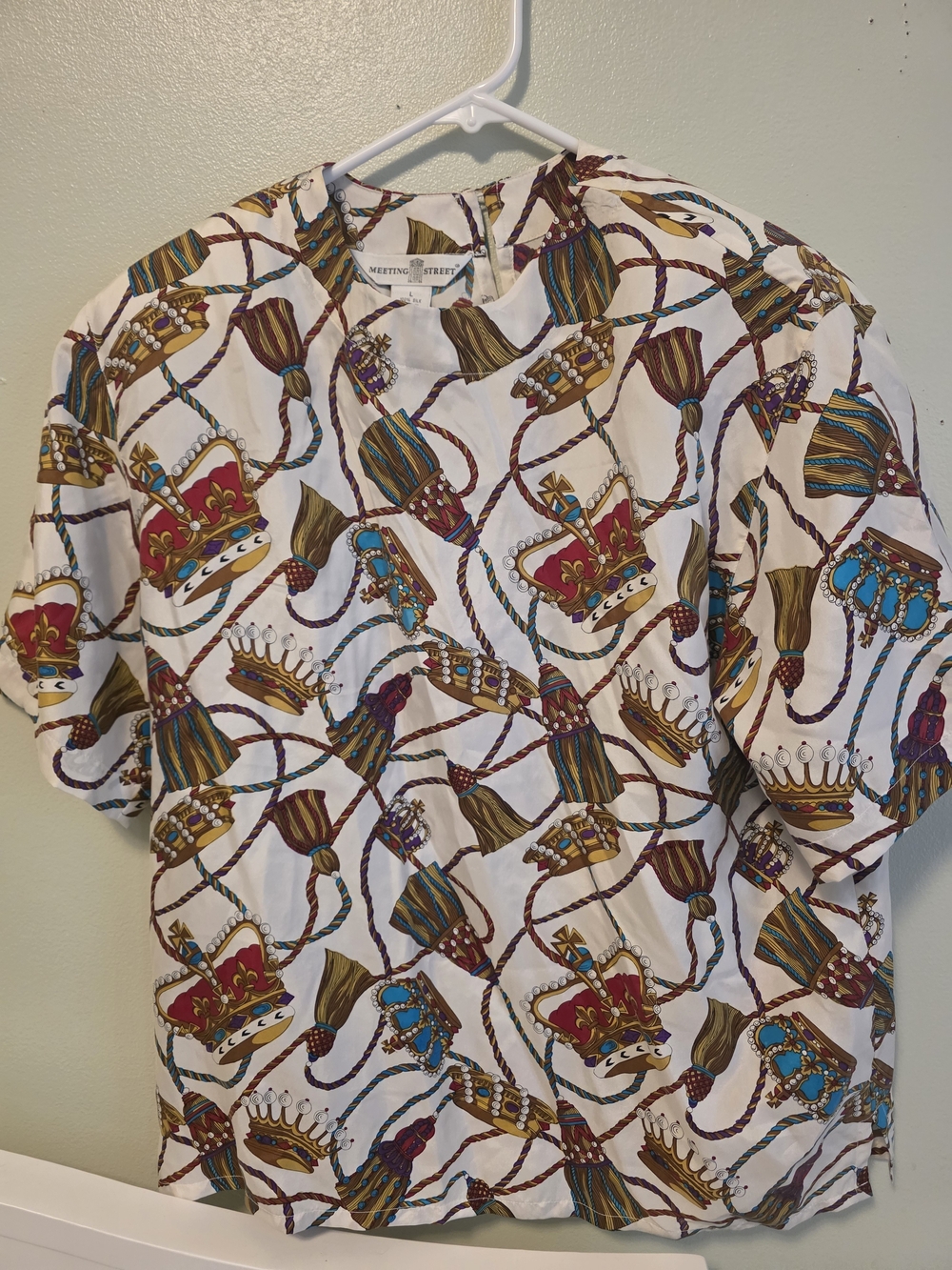 Vintage Silk White Crown Print Top